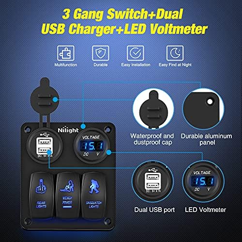 Nilight 3 Gang Rocker Switch Panel SPST On Off 12 Volt Toggle Blue