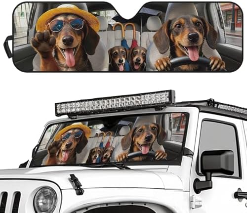 Renewold Automotive Windshield Sunshade for Jeep Wrangler JK JL JLU 1997-2023 Gladiator JT 2020-2023 Car Front Window Shade Sun Shield Sun Visor Funny Dachshund Driving Blocks Heat Sunlight UV Glare