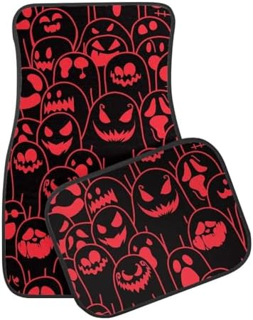 Red Black Ghost Print Funny Halloween Car Floor Mats 4 PCS, Cute Durable Interior Accessories for Car SUV, All Weather Floor Mats with Front Rear Trunk Liners Set for Party