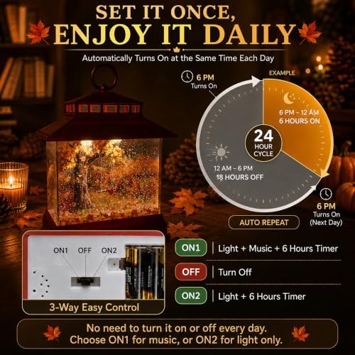 Fall Snow Globe Lantern, Musical Glitter, 6 Hour Timer, Autumn Home Decor - Image 5
