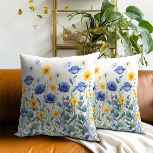 Sweetshow Spring Blue Yellow Flowers Throw Pillow Covers 24X24 Inches Set of 2 Poppy Floral Butterflies Pillowcase Soft Cotton Square Seasonal Cushion Covers for Living Room Sofa Bedroom Decor - Image 7