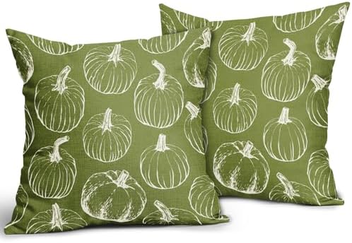 Lime Green Fall Pumpkin Pillow Covers 16x16 Set of 2 Autumn Themed Thanksgiving Cream Print Decorative Throw Pillows Outdoor PillowCase Farmhouse Linen Cushion Case Decor for Home Sofa Couch Bed - Image 2