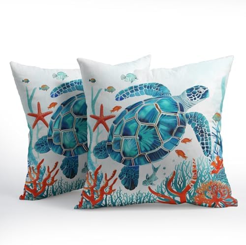 Summer Pillow Covers 20x20 Inch Set of 2, Sea Turtle Throw Pillow Covers Ocean Beach Pillowcase, Coral Starfish Decorative Seasonal Cushion Case Couch for Indoor Outdoor Home Decor - Image 2