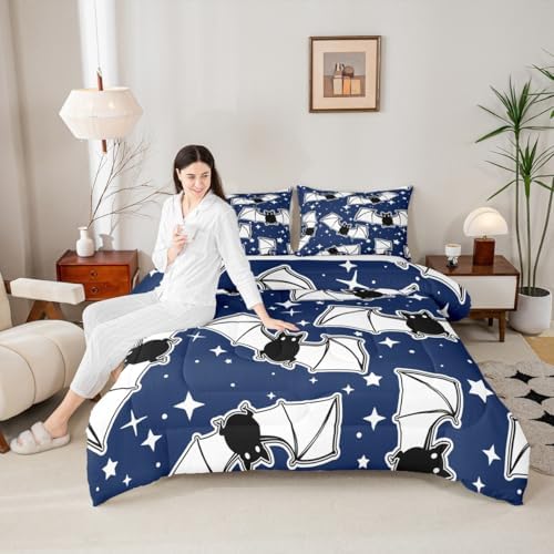 Feelyou Halloween Bedding Set for Girls Boys Kids Toddler Size Black Bats Animal Print Silhouette Comforter Cover Room Decor Happy Holiday Cute Star Print Luxury Duvet Cover Blue Quilt Set - Image 5
