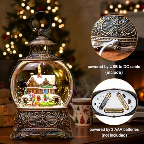 Christmas Snow Globes Christmas Water Lantern with Station Train, Music & 6H Timer, USB Lined/Battery Operated Lighted Lanterns for Xmas Festival Decoration Gifts - Image 3