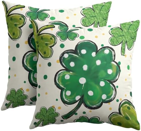 St Patricks Day Pillow Covers 18x18 Set of 2 Shamrock Clover Throw Pillow Covers Rustic Spring Pillowcase Linen Decoration Farmhouse Decorative Green Cushion Case Couch for Indoor Outdoor Home Decor by Unknown