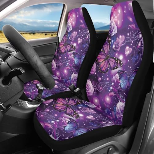 Purple Rose Butterfly Print Car Seat Covers 2pcs Auto Accessories Protectors Car Decor Universal Fit for Car Truck SUV
