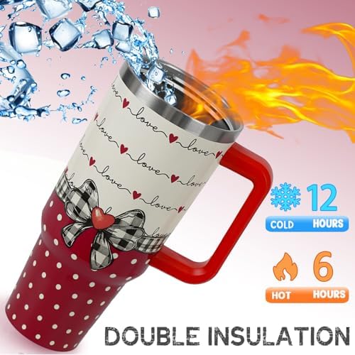 Valentines Tumbler with Handle 40 oz Red Bow Gifts Love Hearts Coffee Travel Mug Stainless Steel Insulated Cup Valentines Anniversary Wedding Birthday Gifts for Women - Image 2