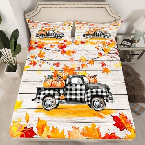 Fall Plaid Pumpkin Truck Bedding Set For Full Bed,Rustic Farmhouse Barn Door Bed Sheets Autumn Harvest Thanksgiving Sheet Set Gifts Red Gold Maple Leaf Fitted Sheet Retro Watercolor Flat Sheet 4 Pcs - Image 2