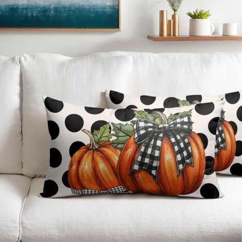 Fall Pumpkin Lumbar Pillow Covers 12x20 Set of 2 Vintage Orange Buffalo Plaid Bow Polak Dot Outdoor Throw Pillows Covers Autumn Thanksgiving Decorative Farmhouse Cushion Case for Room Couch Sofa - Image 2