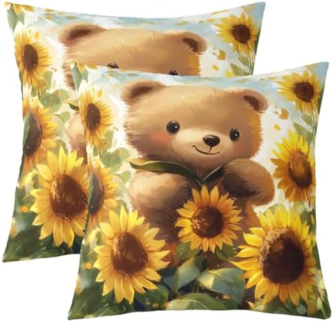 Manfei Lovely Bear Pack of 2 Pillow Covers,Rustic Sunflower Farmhouse Floral Soft Square 18"x18" Cushion Case,Cute Animal Oil Paint Style Throw Pillow Covers,Double Sides by Manfei
