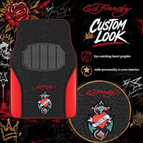 ED HARDY Heart Print Car Floor Mats, Carpet Floor Mats with Red Leather Design, Automotive Car Mats with Built-in Heel Pad & Anti-Slip Backing, Fits Most Cars, SUVs & Trucks, Durable & Odorless