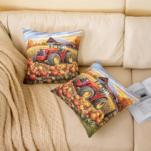 Farm Tractor Pillow Covers Pack of 2,Autumn Harvest Thanksgiving Day Rustic Cabin Throw Cushion Covers Double Sides,Orange Pumpkin Marple Trees Wheat Square Sofa Couch Pillow Covers,20"x 20" - Image 2