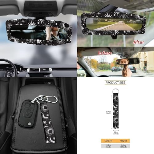Celestial Sun Moon Stars Print Car Seat Covers 15Pcs Full Set Car Steering Wheel Cover Seat Belt Cover Trash Bin Air Vent Storage Box Rear View Mirror Car Cup Holder Keychain