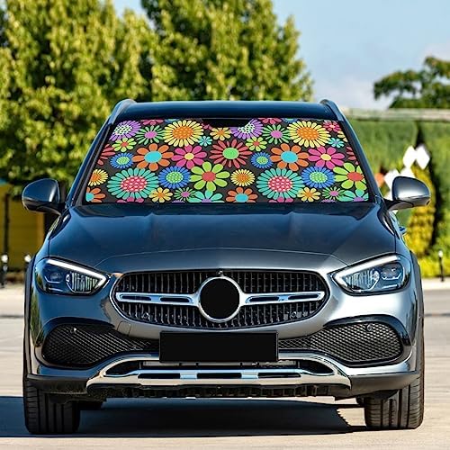 Hippie Flower Car Windshield Sun Shade Floral Daisy Colorful Foldable Sunshade Front Window Visor Protector Blocks UV Rays Heat Keep Vehicle Cool (59 x 30 in)