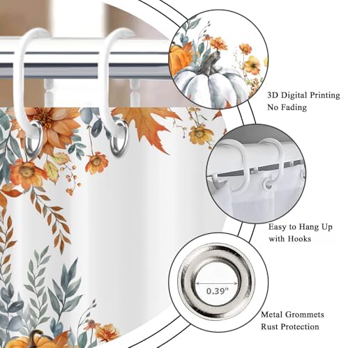 Fall Pumpkin Shower Curtain, Watercolor Autumn Pumpkins Wildflowers Plants Maple Leaves Harvest Thanksgiving Day Bathroom Curtain Waterproof Fabric Machine Washable with Hooks, 72" Wx72 L - Image 6
