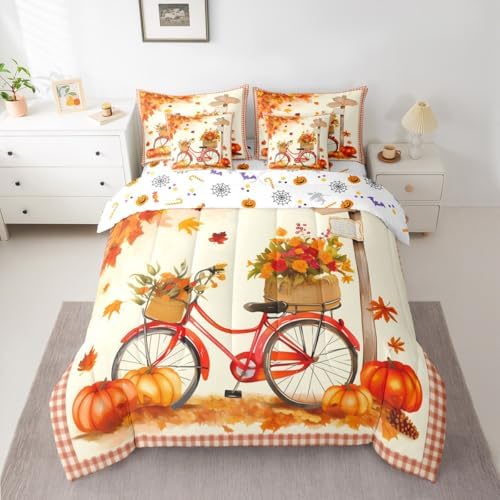 Erosebridal Thanksgiving Pumpkin Queen Size Comforter Set with Sheets Maple Leaves Bike Bicycle 7 Pieces Bed in a Bag Queen Harvest Decor Farmhouse Fall Leaves Beddding Sets with Comforter,Flat Sheet - Image 3
