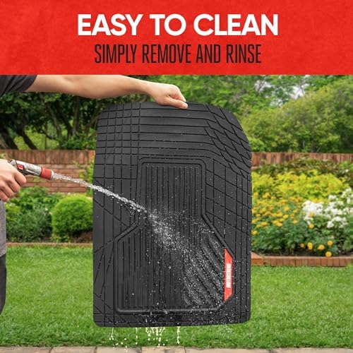 Motor Trend AdventureMax Car Floor Mats Full Set - Durable Rubber Floor Mats for Cars with Debris Capture Grooves, All Weather Interior Protection for Front and Rear with Non-Slip Backing, Black