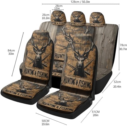 Deer Pattern Car Seat Covers, Trendy Universal Car Seat Protector Full Set, Automotive Seat Covers for Front Seats Rear Seat Back Seat Gift (Hunting Deer Fishing Sign, 2PC Front Seat Set)