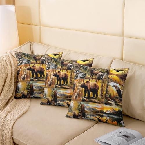 Manfei Bear Deer Double Sides Print Pillow Covers,Rustic Lodge Cabin Wild Animal Throw Pillow Case Covers,Jungle Hunting Aventure Brown Plaids Patchwork 20"x 20" Cushion Covers,Pack of 2 - Image 4