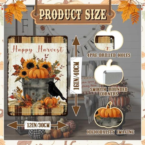 Thanksgiving Day Vintage Tin Sign Happy Harvest Metal Wall Art for Entryway Hotel Studio Fram Living Room 12x16Inch - Image 2