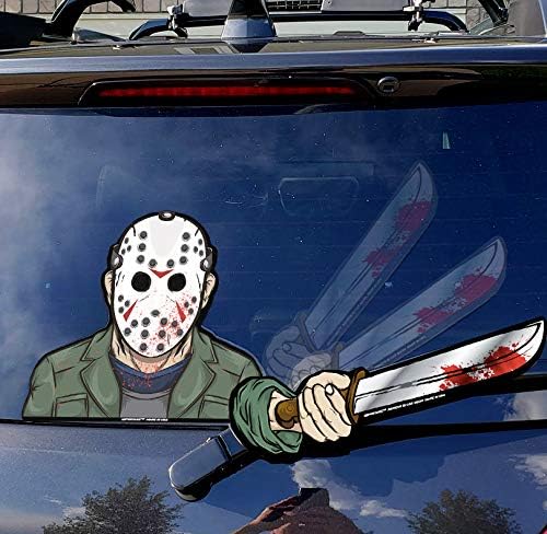 Jason Friday the 13th Hockey Masked Machete Killer WiperTags with Decal attaches to Rear Vehicle Wiper Accessory. All Weather Resistant and UV Protected. Quality Made in USA.