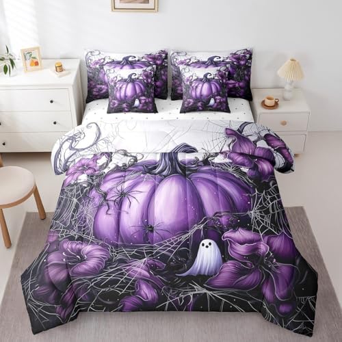 Erosebridal Kids Purple Pumpkin Full Bed in A Bag 7 Piece Halloween Spooky Ghost Bedding Set Gothic Spider Web Comforter Set for Boys Girls Adults,Halloween Horror Sheet Set with Comforter by Erosebridal
