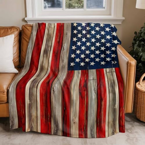 DecorLovee American Flag Blanket 40"x60", Reversible Red Striped Blue Star Throw Blanket for Couch/Bed/Camping, Vintage Wooden Lightweight Soft Throw Blanket for Boys, Warm Fuzzy Blankets for Winter - Image 3