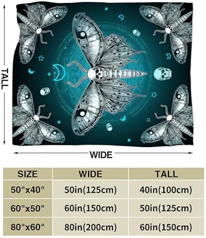 Moth Blanket Gothic Moth Throw Blankets Witchy Skull Print Cozy Fleece Flannel Stuff Plush Lightweight Dark Bedding Lover Gifts for Men Women Adults for Couch Sofa Bed Decor 60"X80" - Image 7