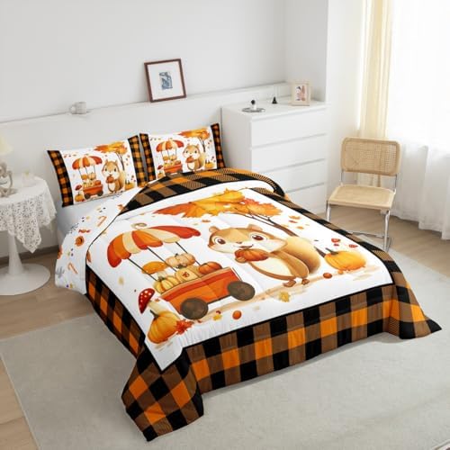 Erosebridal Squirrel Kids Comforter Set | Fall Bedding Queen Size Thanksgiving Autumn Leaves Down Comforter Farmhouse Nature Scenery Duvet Set for Bedroom - Image 5