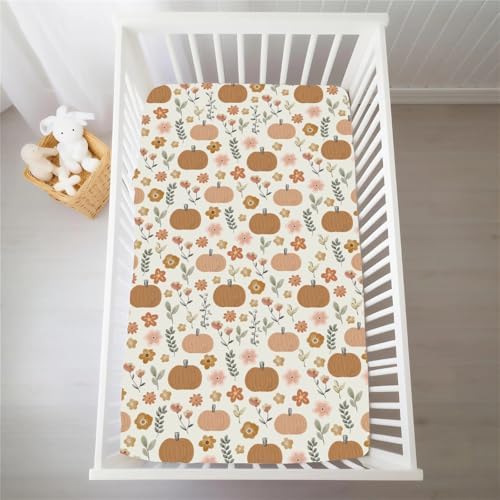 Pastel Autumn Pumpkin Flowers Baby Crib Sheets for Boy Girl Boho Pumpkin Fall Floral Retro Soft Snug Fitted Crib Mattress Covers for 52''x28'' Standard Crib & Toddler Mattress Thanksgiving Bed Sheet - Image 6