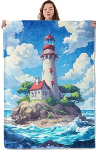 Cartoon Lighthouse Blanket, Soft Cozy Warm Throw Blanket for Adults Kids Women, Comfy Lightweight Fuzzy Flannel Blankets for Couch, Travel, Car, Home Decor 60×50 Inch by Unknown