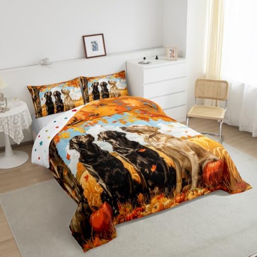 Feelyou Fall Bedding Set for Girls Boys Kids Toddler Size Maple Leaves Pumpkin Comforter Cover Room Decor Dogs Duvet Cover Yellow Orange Quilt Set - Image 2