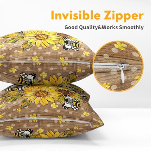 Summer Pillow Covers 20x20 Inch Set of 2, Sunflower Throw Pillow Covers Wood Pillowcase, Bee Polka Dot Decorative Seasonal Floral Spring Cushion Case Couch for Indoor Outdoor Home Decor - Image 5