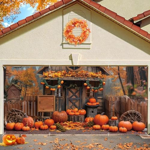 Fall Thanksgiving Decor, Forest Pumpkin Cabin Backdrop - 2 Car Garage Hanging Banner, Autumn Outdoor Holiday Decorations 7x16ft - Image 5