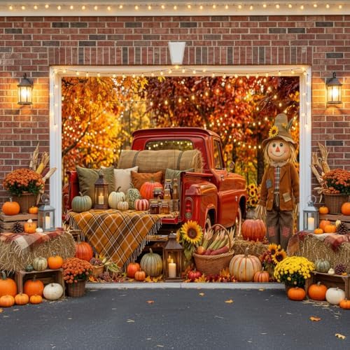 Fall Garage Door Cover 8x7ft Red Truck Pumpkin Scarecrow Harvest Decor by Lacoiime