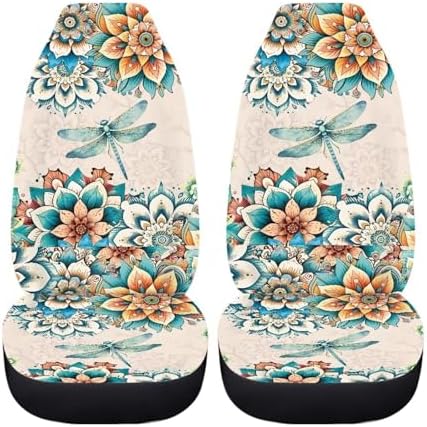 Bohemian Dragonfly Automotive Seat Covers for Cars Truck and SUV，Boho Car Seat Covers for Front Seats,Driver Seats Protection Mat Accessory for Women，Universal Fit Non Slip Auto Seat Set