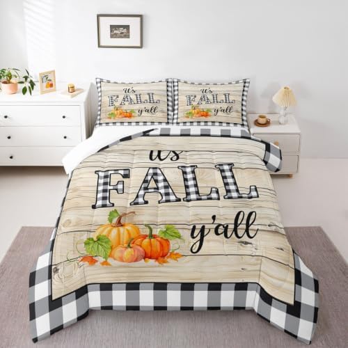 Homewish Fall Pumpkin Grid Comforter Set Full Size,Rustic Farm Barn Wooden Bedding Youth Adults Room Decor,Halloween Plants Plaid Quilt Set Retro Fall Themed Duvet Insert 3pcs,2 Pillowcases - Image 6