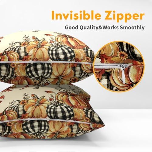 Fall Robin Pumpkin Throw Pillow Covers 16x16 Set of 2 Thanksgiving Harvest Maple Leaves Pillow Covers Buffalo Plaid Pumpkin Watercolor Foliage Pillowcase for Kitchen Outdoor Couch Room Decoration - Image 6