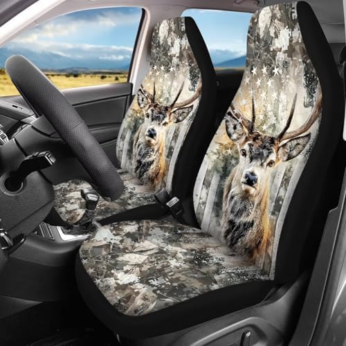 Vintage US Flag Hunting Deer Print Car Seat Covers 4Pcs Front & Rear Breathable Seat Covers Universal Fits for Truck, Sedan, SUV Auto Interior Protector Car Accessories