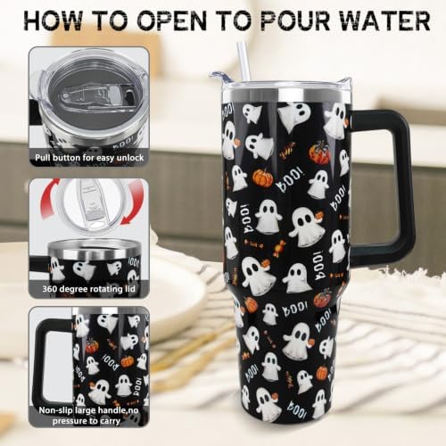 Halloween Tumbler with Handle 40oz Cute Ghost Pumpkin Coffee Travel Mug Stainless Steel Insulated Cups Halloween Trick or Treat Dark Aesthetics Decor Gifts - Image 5