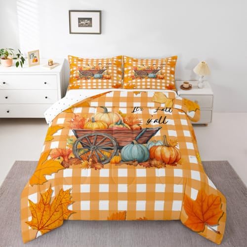 Maple Leaves Comforter Set Queen Size Orange Buffalo Plaid Bedding Set For Kids Boys Girls Fall Pumpkin Autum Harvest Down Comforter Thanksgiving Quilted Duvet Plant Leaf Room Decor 2 Pillow Cases by Erosebridal