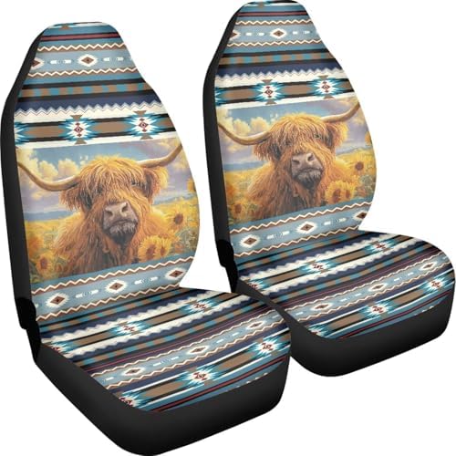 Aztec Car Accessories Seat Covers for Women Men, Highland Cow Front Car Seat Cover Universal Fits for Most Cars, SUV, Truck, Washable Bucket Seat Covers