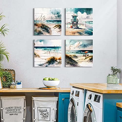 Teal Blue Beach Scenery Wall Art Vintage Beach Wall Decor for Bathroom Bedroom Ocean Pictures Watercolor Coastal Painting Nature Seascape Canvas Modern Artwork Living Room Home Decorations 16x16" 4Pcs - Image 7