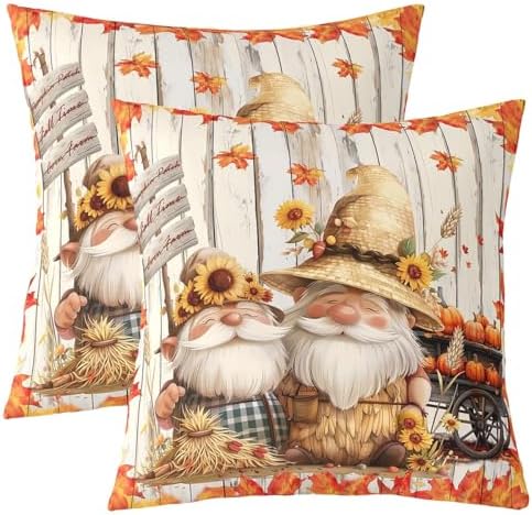 Autumn Gnome Double Sides Print Pillow Covers,Thanksgiving Day Rustic Farmhouse Pillowcase 2 Pack Cushion Case 24"x 24",Fall Harvest Orange Maple Leaves Sunflower Throw Pillow Covers by Manfei