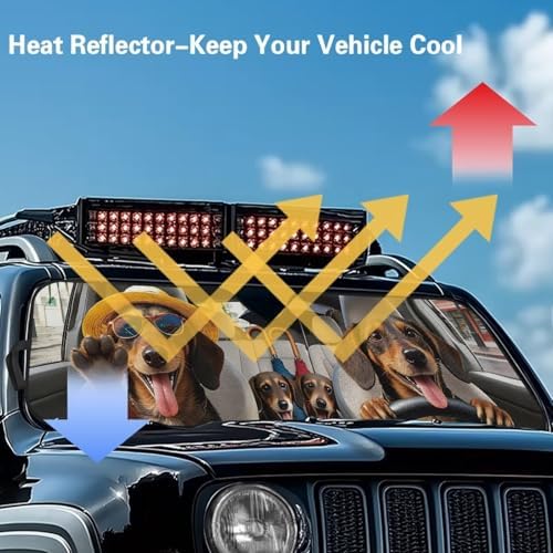 Renewold Automotive Windshield Sunshade for Jeep Wrangler JK JL JLU 1997-2023 Gladiator JT 2020-2023 Car Front Window Shade Sun Shield Sun Visor Funny Dachshund Driving Blocks Heat Sunlight UV Glare