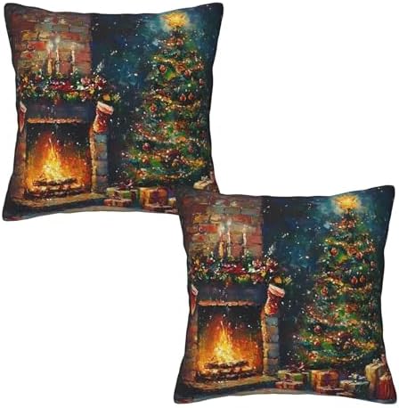 Christmas Tree and Fireplace Throw Pillow Covers 18x18 inch Set of 2 Xmas Pillow Case Cushion Cover for Home Sofa Couch Living Room Car Decor by Mshutbna