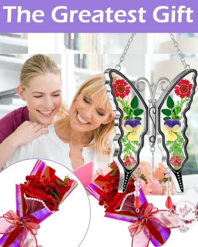 KY&BOSAM Gift for Mom Butterfly Suncatcher with Rose Flower Bouquet Set,Red - Image 5