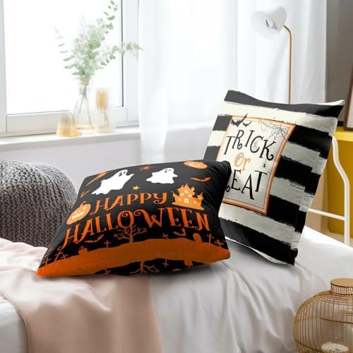 Happy Halloween Ghost Castle Pumpkin Throw Pillow Covers 16X16 Inches Set of 2 Trick or Treat Black and White Stripe Pillowcase Soft Cotton Square Cushion Covers for Home Sofa Bedroom Decoration - Image 6