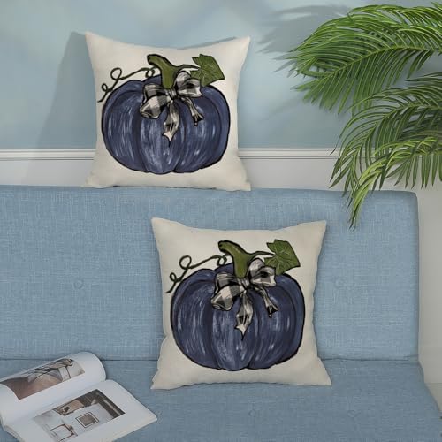 Fall Pillow Covers 18x18 Set of 2 Dark Blue Pumpkin Leaves Fall Decor Pillowcase Autumn Harvest Thanksgiving Decorative Outdoor Throw Pillow Covers Linen Farmhouse Cushion Case for Couch Home - Image 3